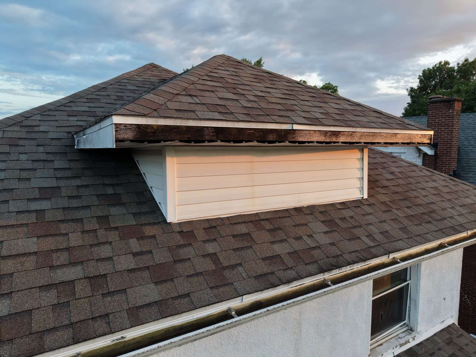 Drone roof inspection showing rotted fascia